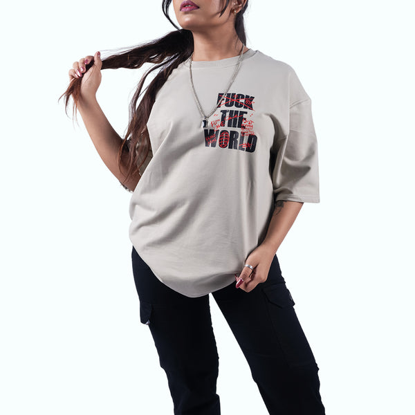 Fuck The World Cement Gray Oversized T-Shirt