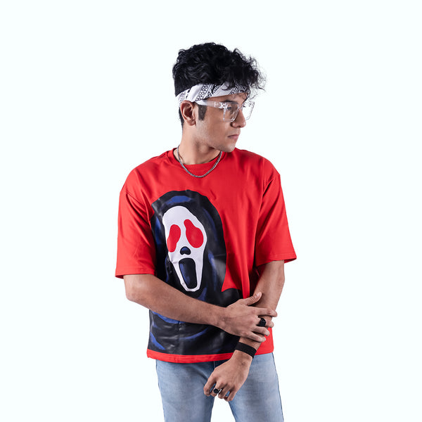 Red Ghost Motif Oversized T-Shirt