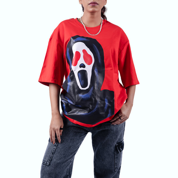 Red Ghost Motif Oversized T-Shirt