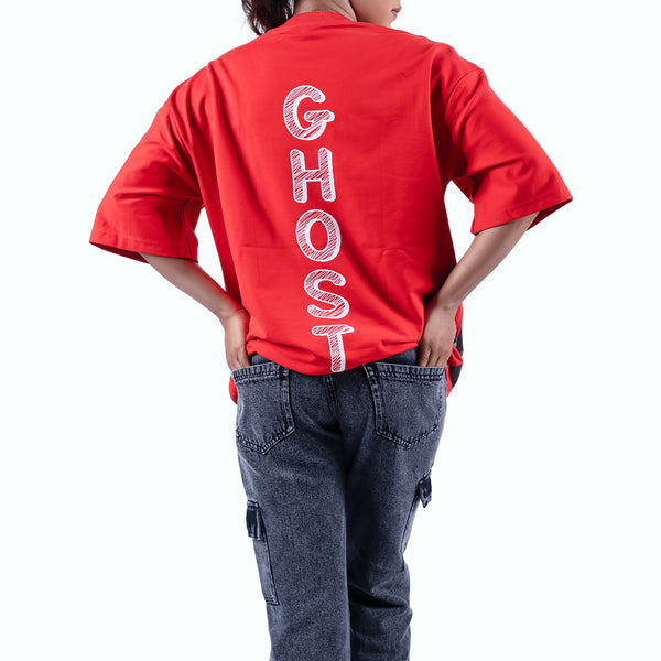 Red Ghost Motif Oversized T-Shirt