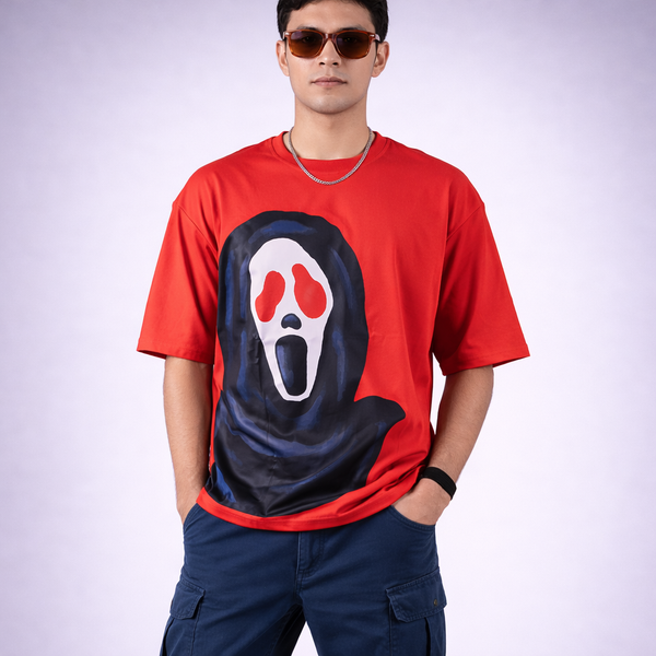 Red Ghost Motif Oversized T-Shirt