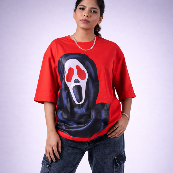 Red Ghost Motif Oversized T-Shirt